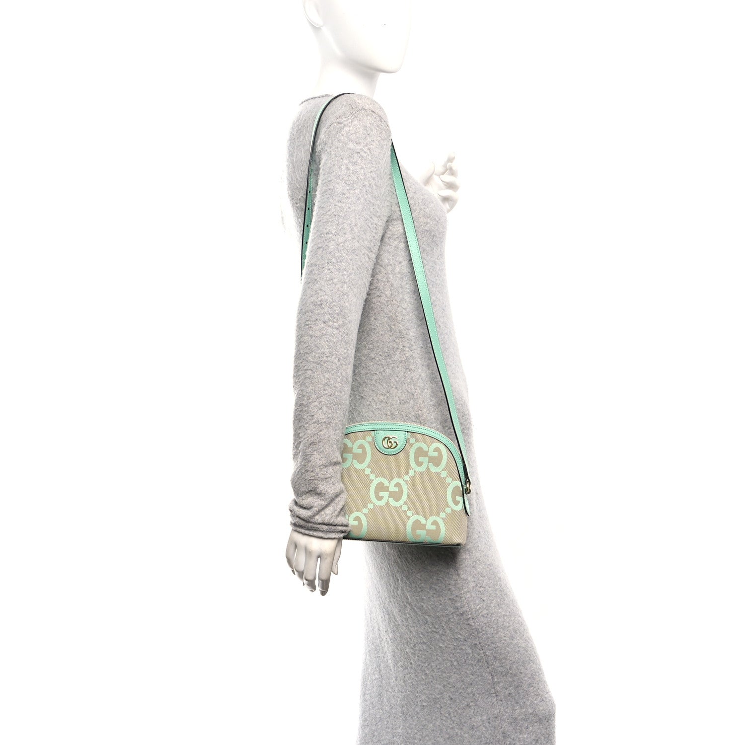 Monogram Jumbo GG Textured Dollar Calfskin Small Ophidia Dome Shoulder Bag Beige Pepperlight Mint