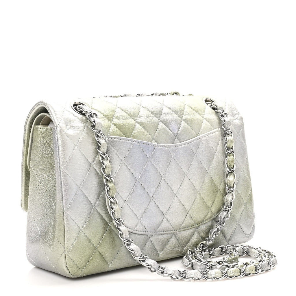 Metallic Goatskin Quilted Ombre Medium Double Flap Grey Green