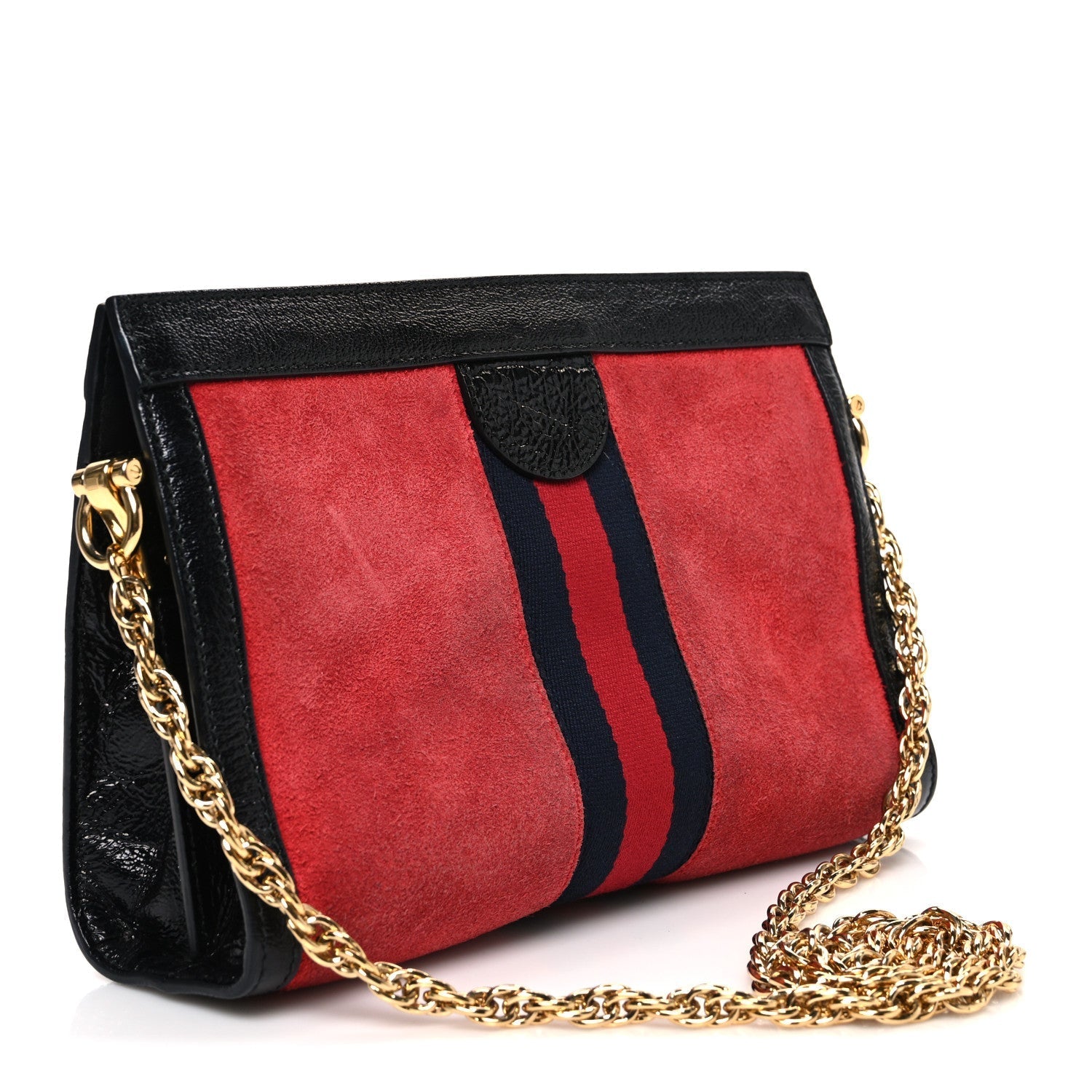 Suede Patent Web Small Ophidia Chain Shoulder Bag Hibiscus Red Black