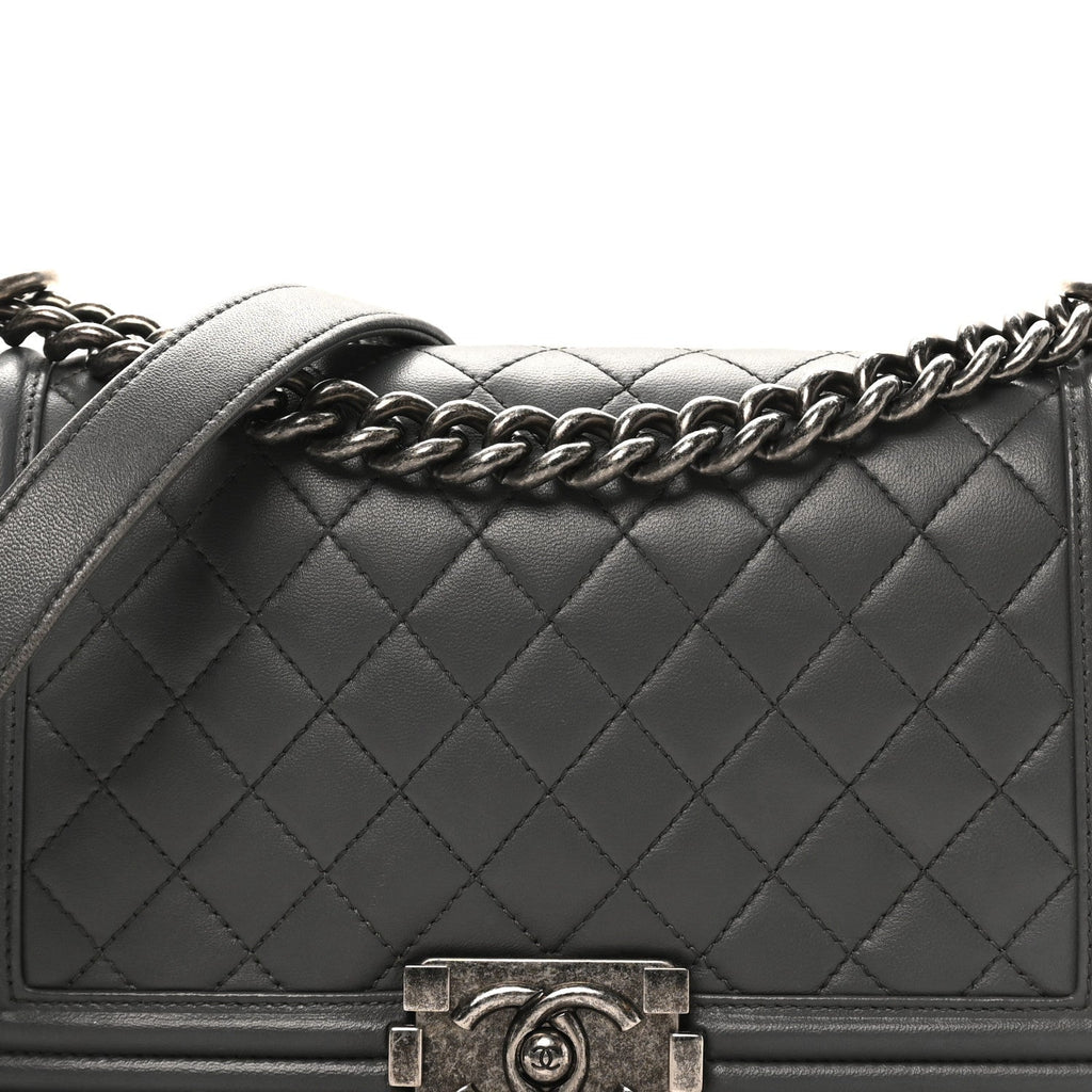 Lambskin Quilted Medium Boy Flap Dark Grey