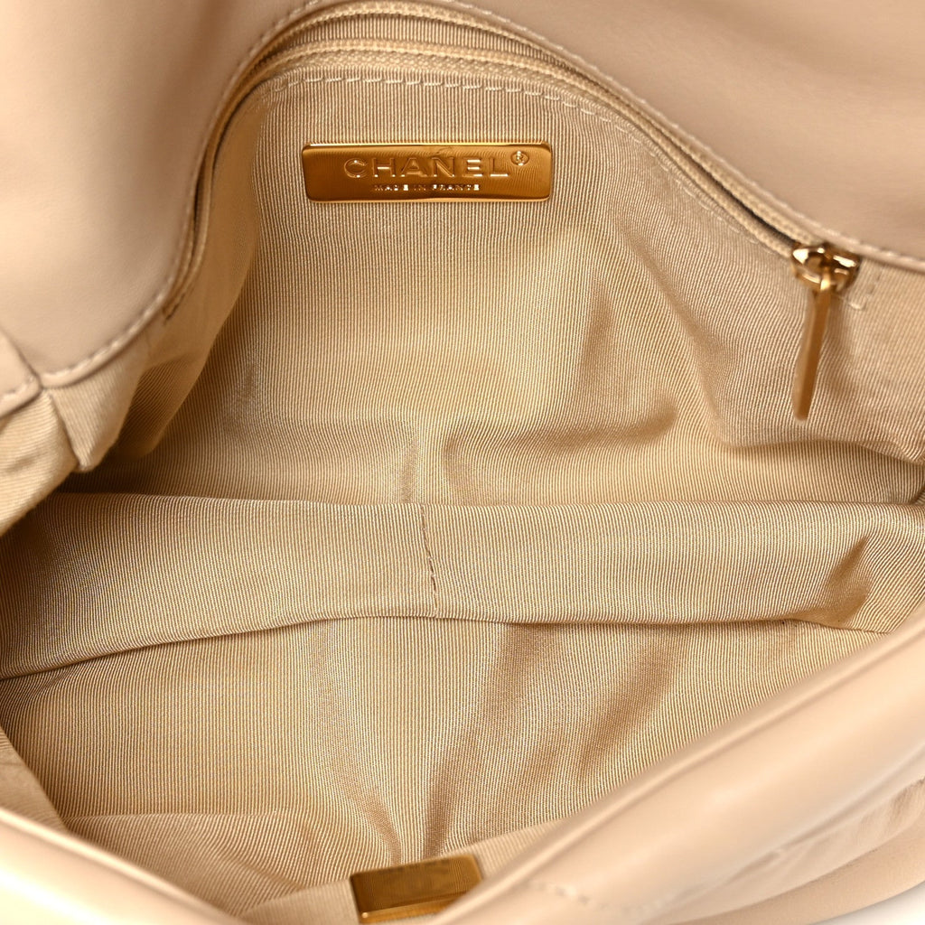 Shiny Goatskin Quilted Medium Chanel 19 Flap Beige