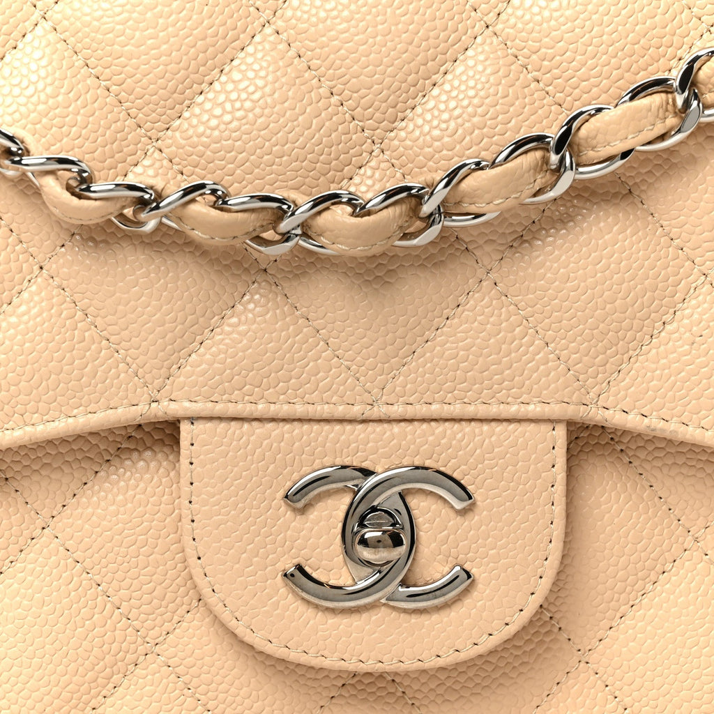 Caviar Quilted Jumbo Double Flap Beige Clair