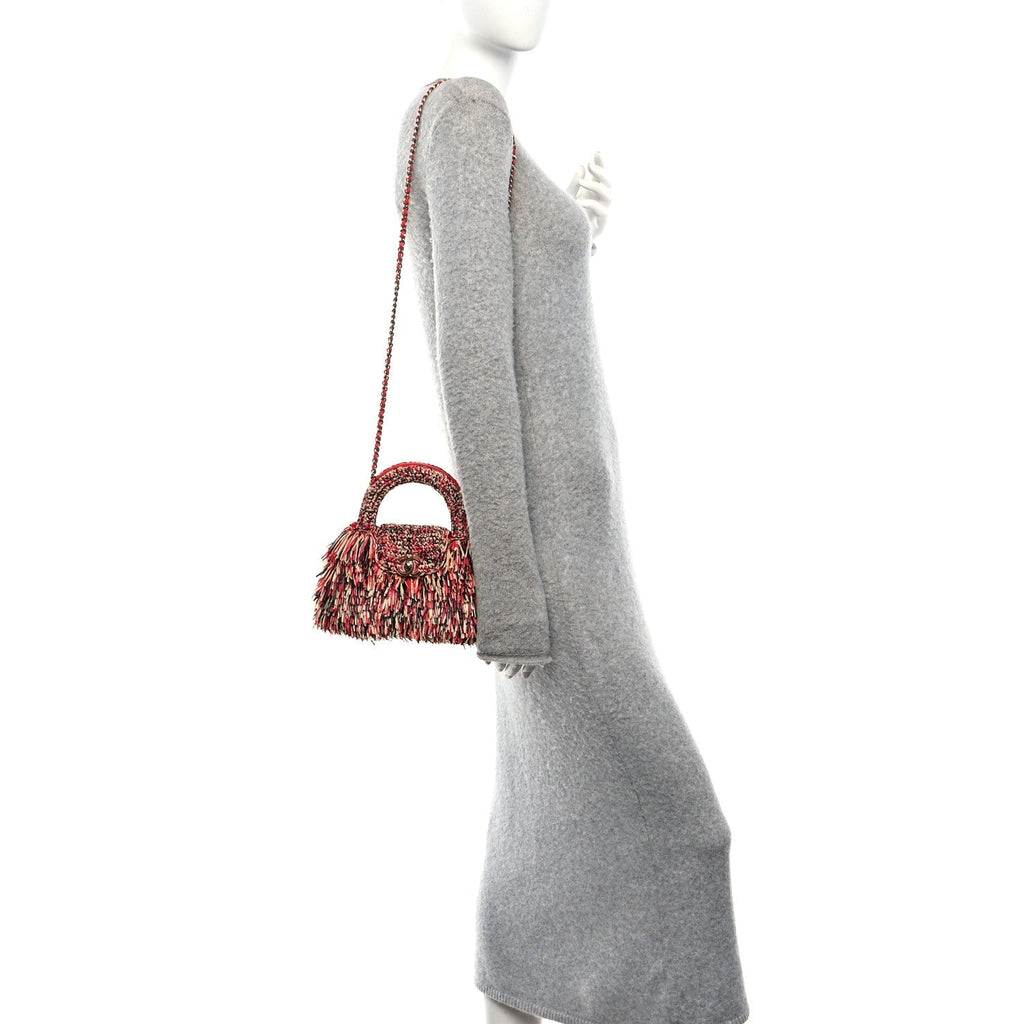 Raffia Fringe Nano Kelly Shopper Red Beige Black