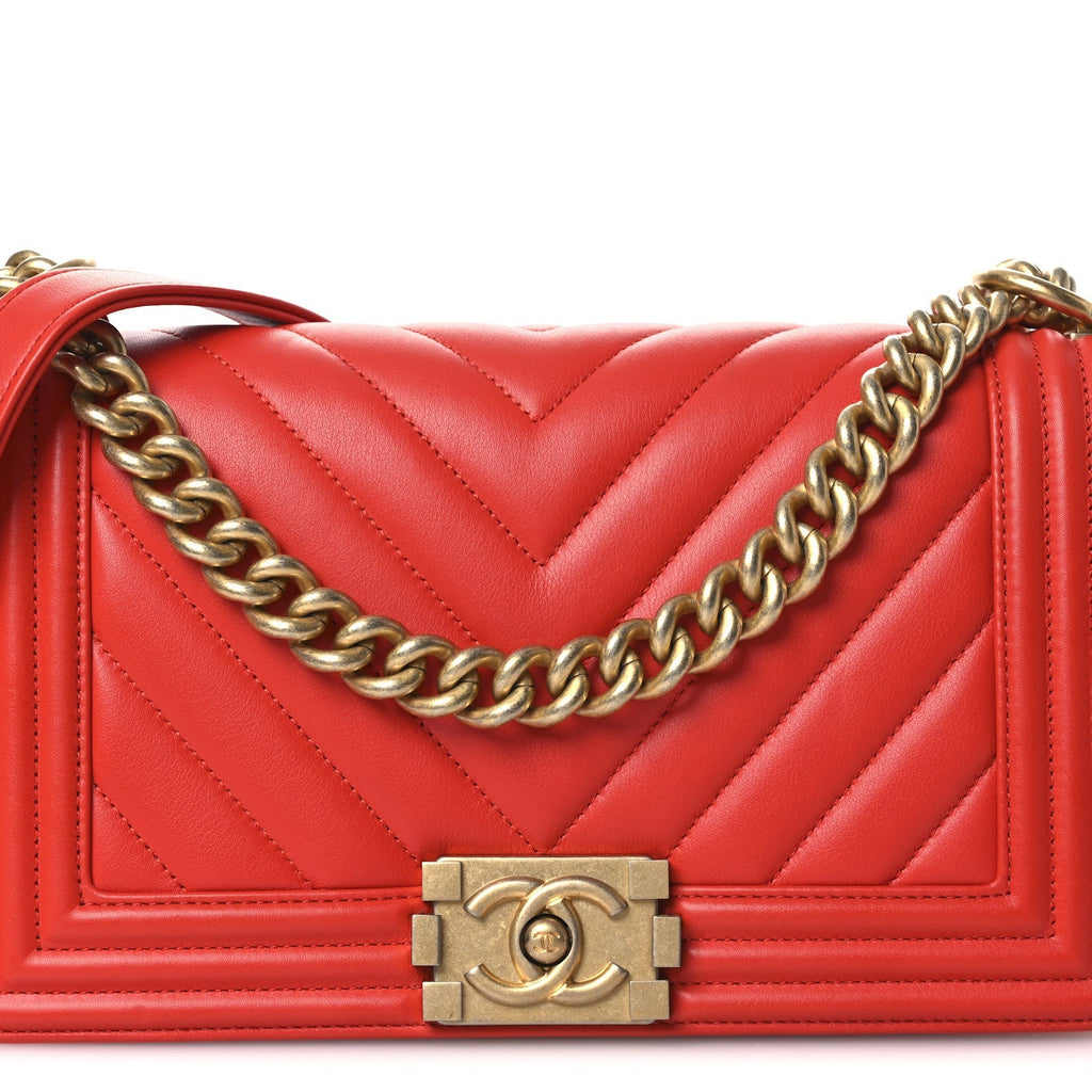 Calfskin Chevron Quilted Medium Boy Flap Red