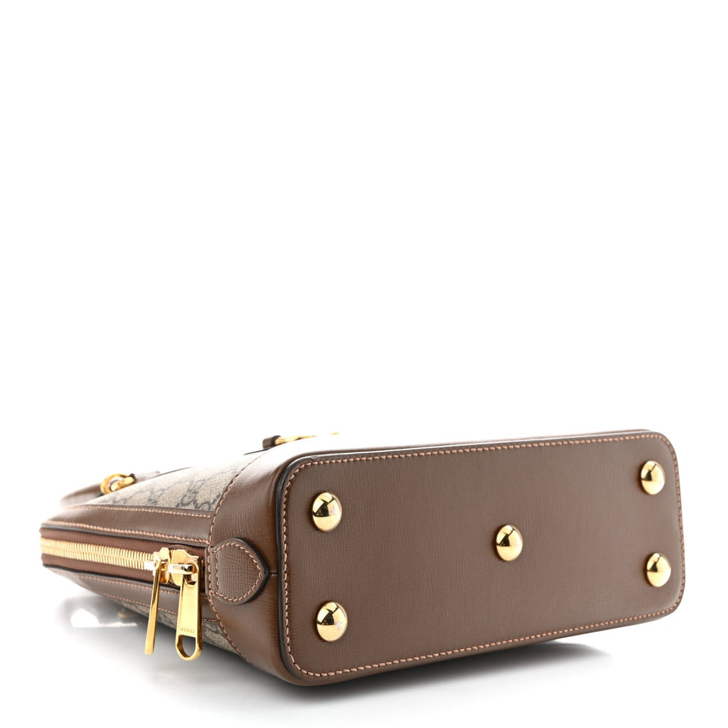 GG Supreme Monogram Azalea Calfskin Small Horsebit 1955 Top Handle Bag Beige Ebony Brown Sugar
