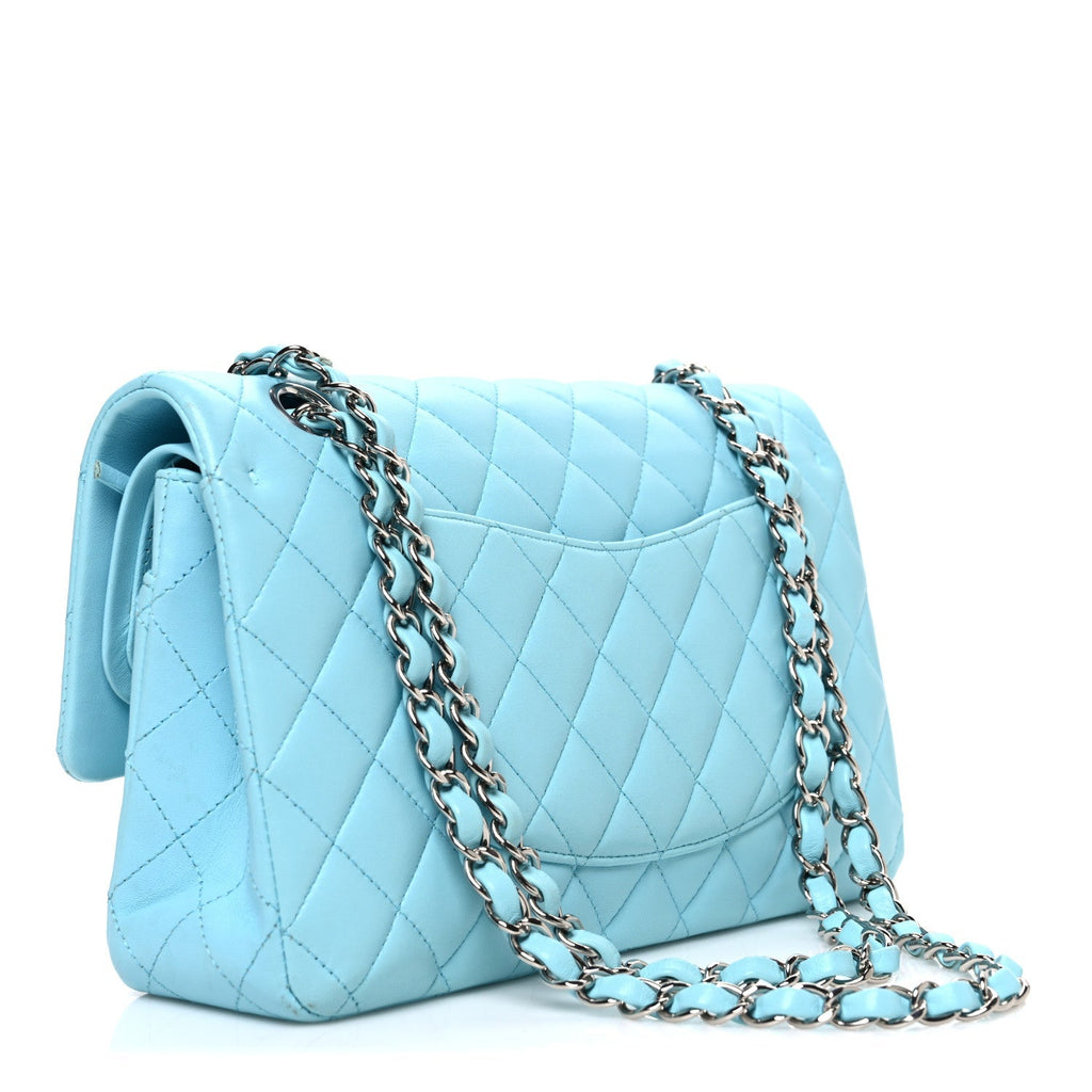 Lambskin Quilted Medium Double Flap Light Blue