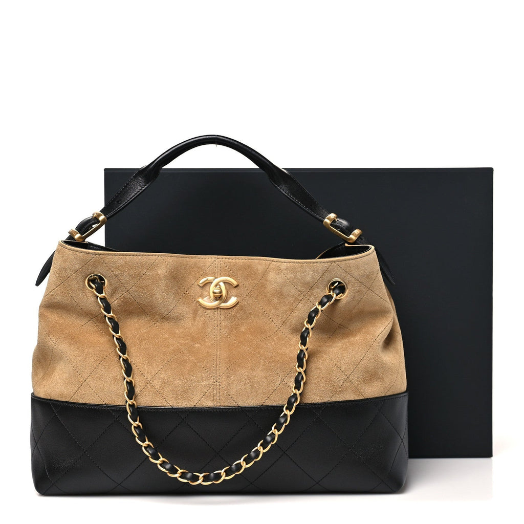 Suede Calfskin Shiny Lambskin Quilted Small Coco Base Shopping Bag Beige Black
