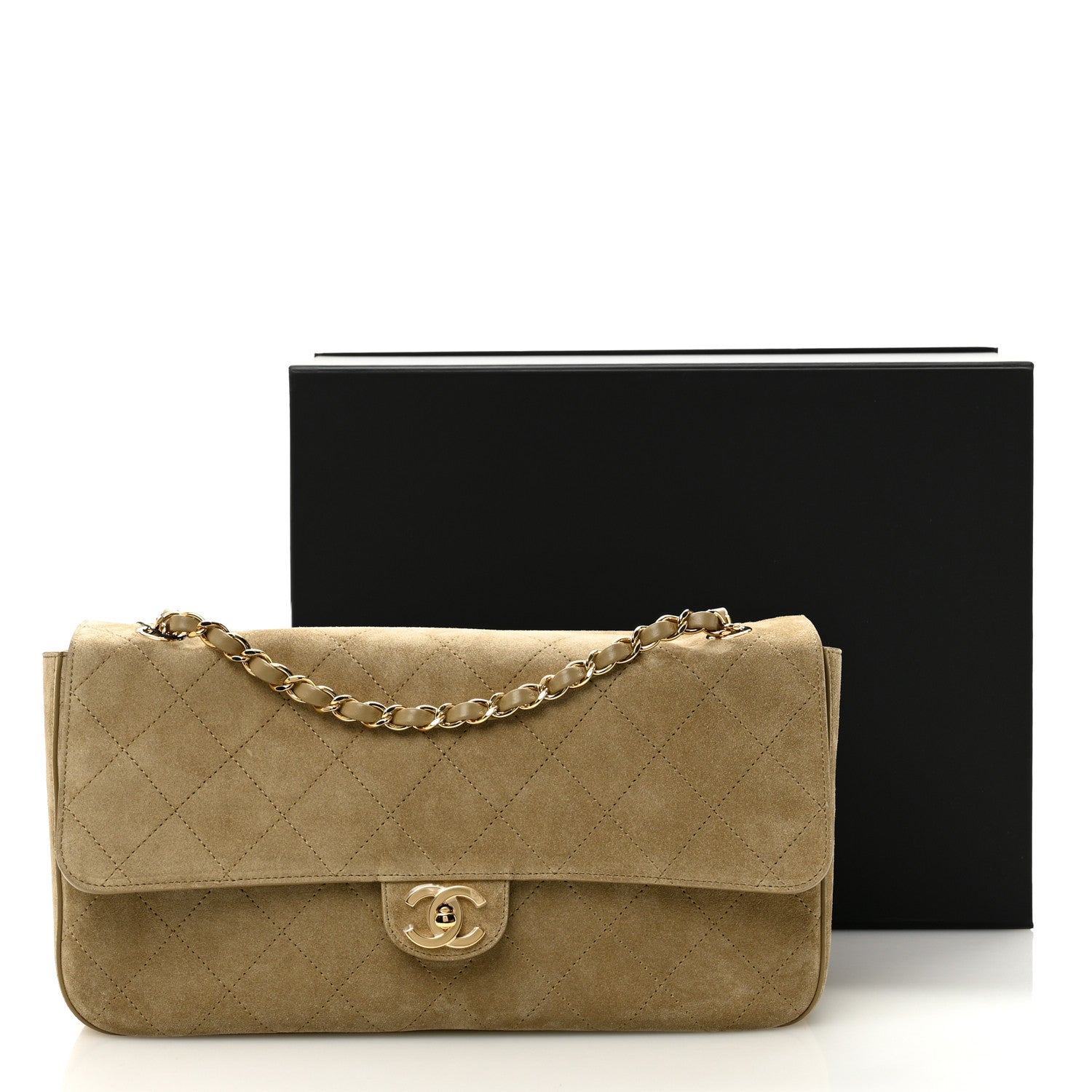 Suede Calfskin Small Souplissimo Maxi Flap Dark Beige