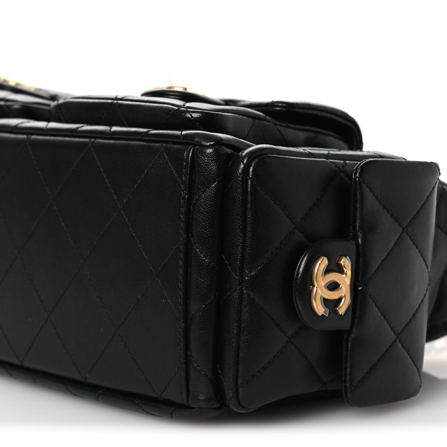 Shiny Lambskin Quilted Trendy Pockets Hobo Black