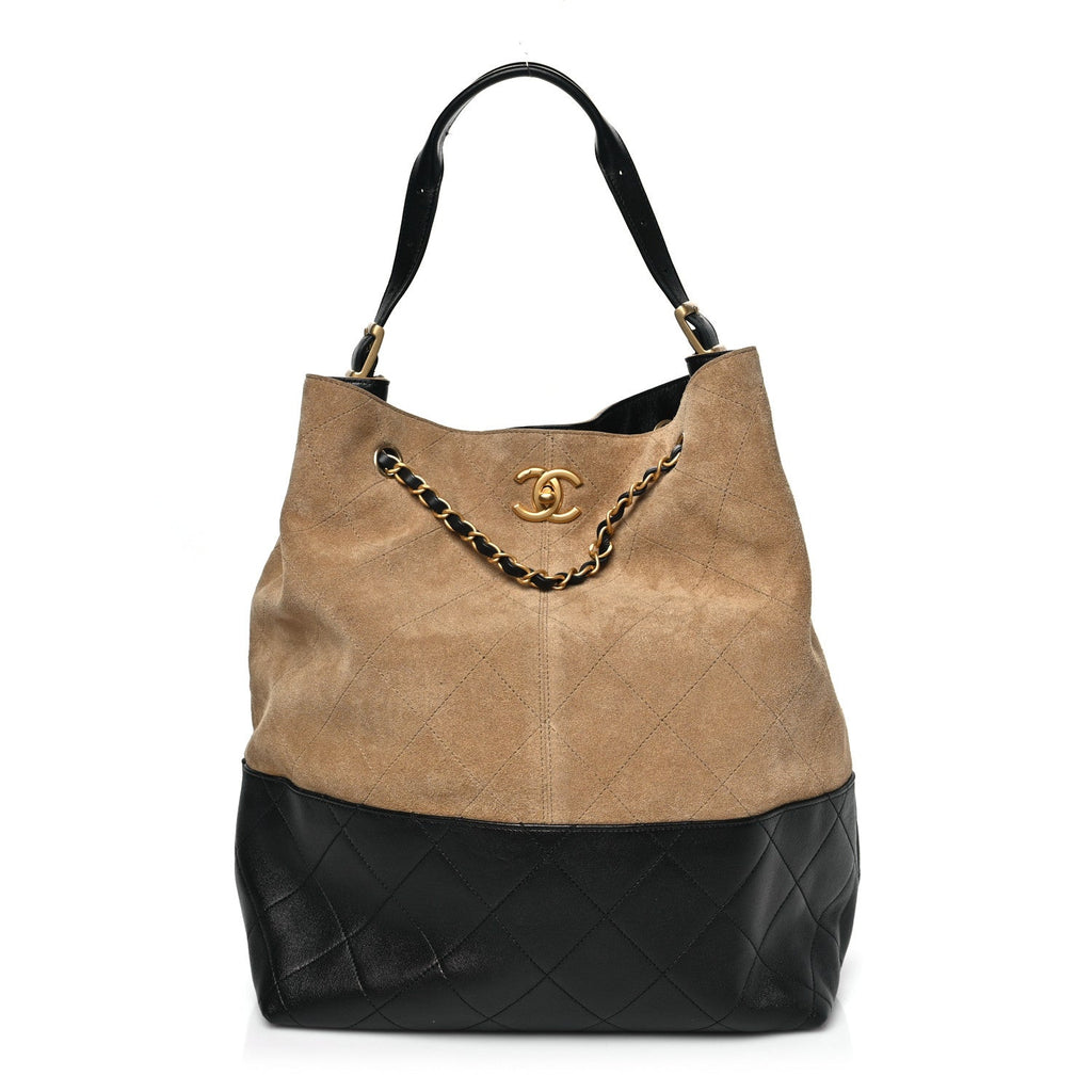 Suede Shiny Lambskin Quilted Large Shopping Bag Beige Black
