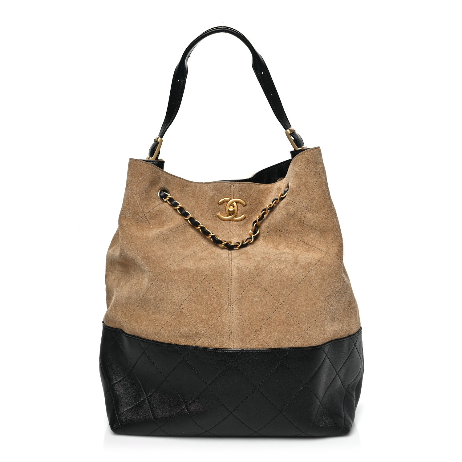 Suede Shiny Lambskin Quilted Large Shopping Bag Beige Black