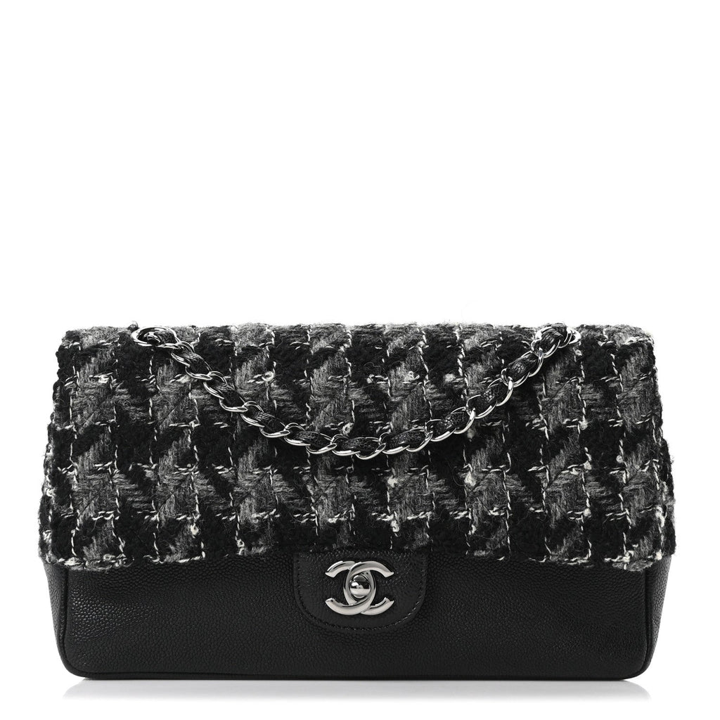 Caviar Tweed Houndstooth Quilted Medium Double Flap Black Grey