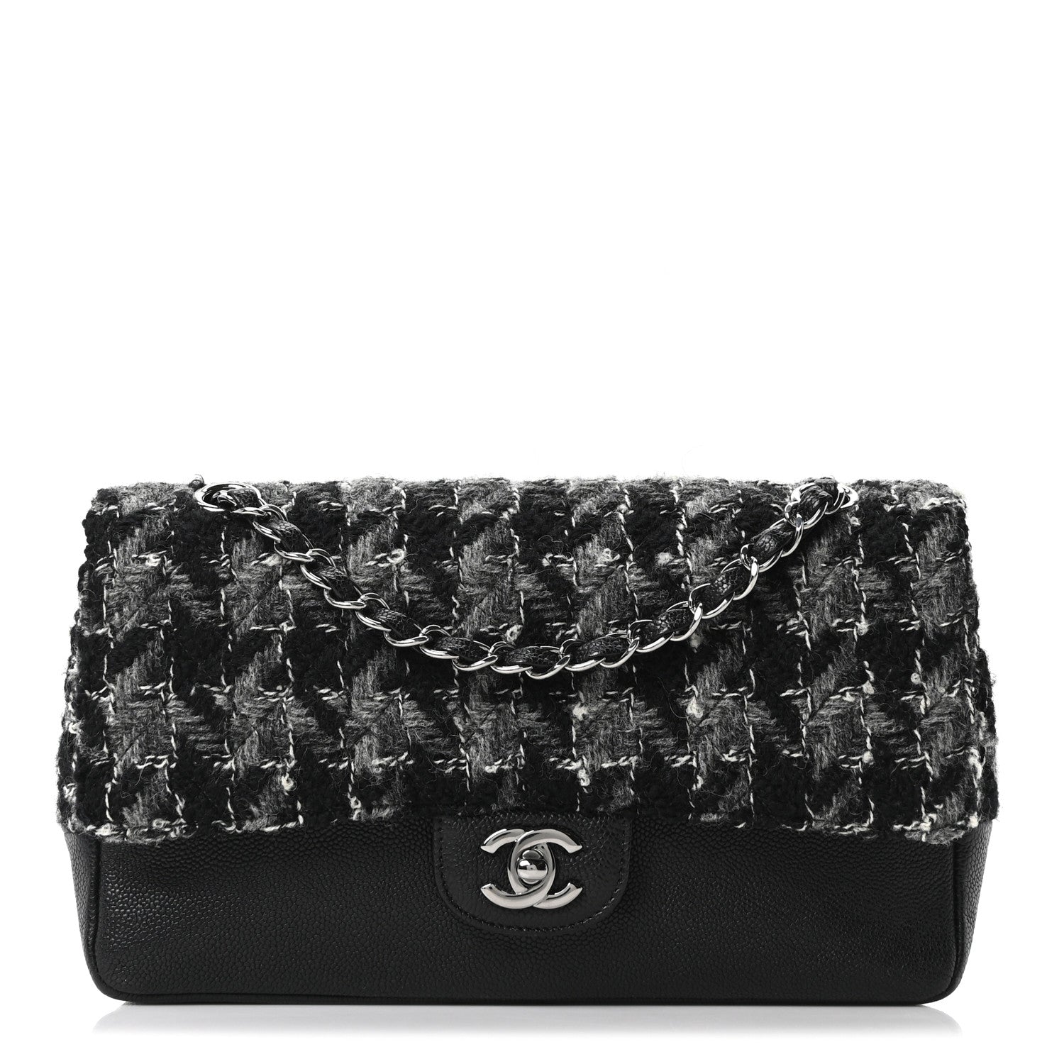 Caviar Tweed Houndstooth Quilted Medium Double Flap Black Grey