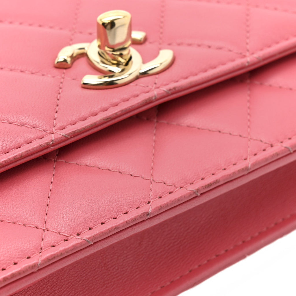 Lambskin Quilted Trendy CC Wallet On Chain WOC Bright Pink