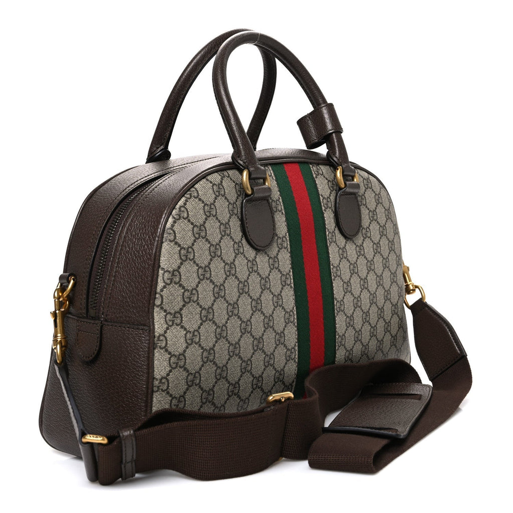 GG Supreme Monogram Textured Dollar Calfskin Web Medium Savoy Bowling Bag Beige Ebony New Acero