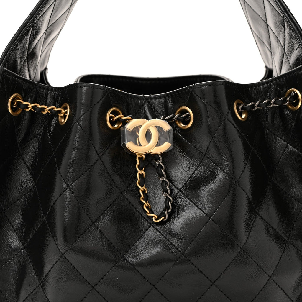 Shiny Crumpled Calfskin Quilted Small Chanel 25 Handbag Black
