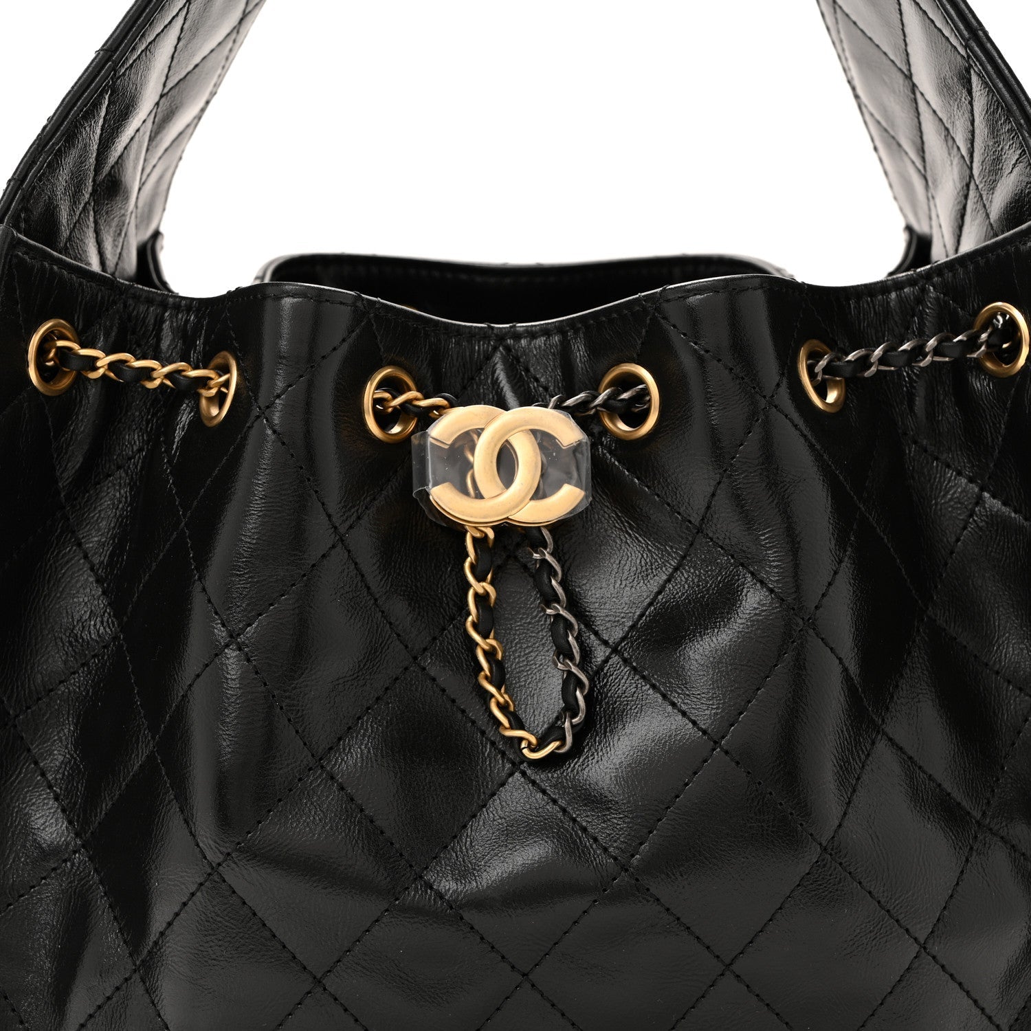Shiny Crumpled Calfskin Quilted Small Chanel 25 Handbag Black