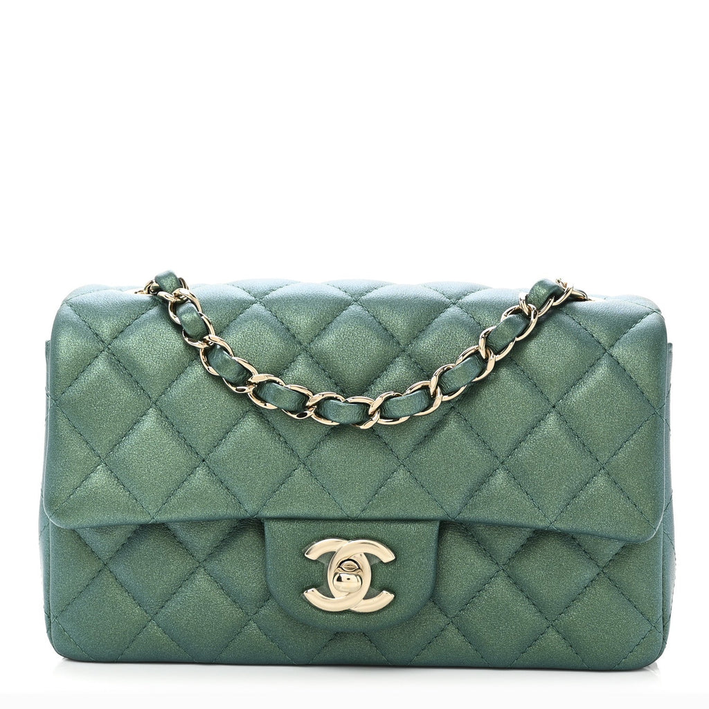Iridescent Lambskin Quilted Mini Rectangular Flap Green