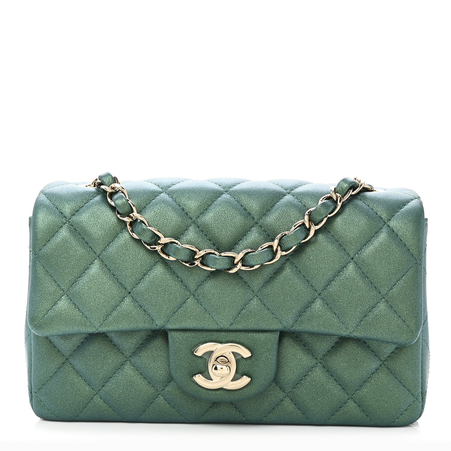Iridescent Lambskin Quilted Mini Rectangular Flap Green