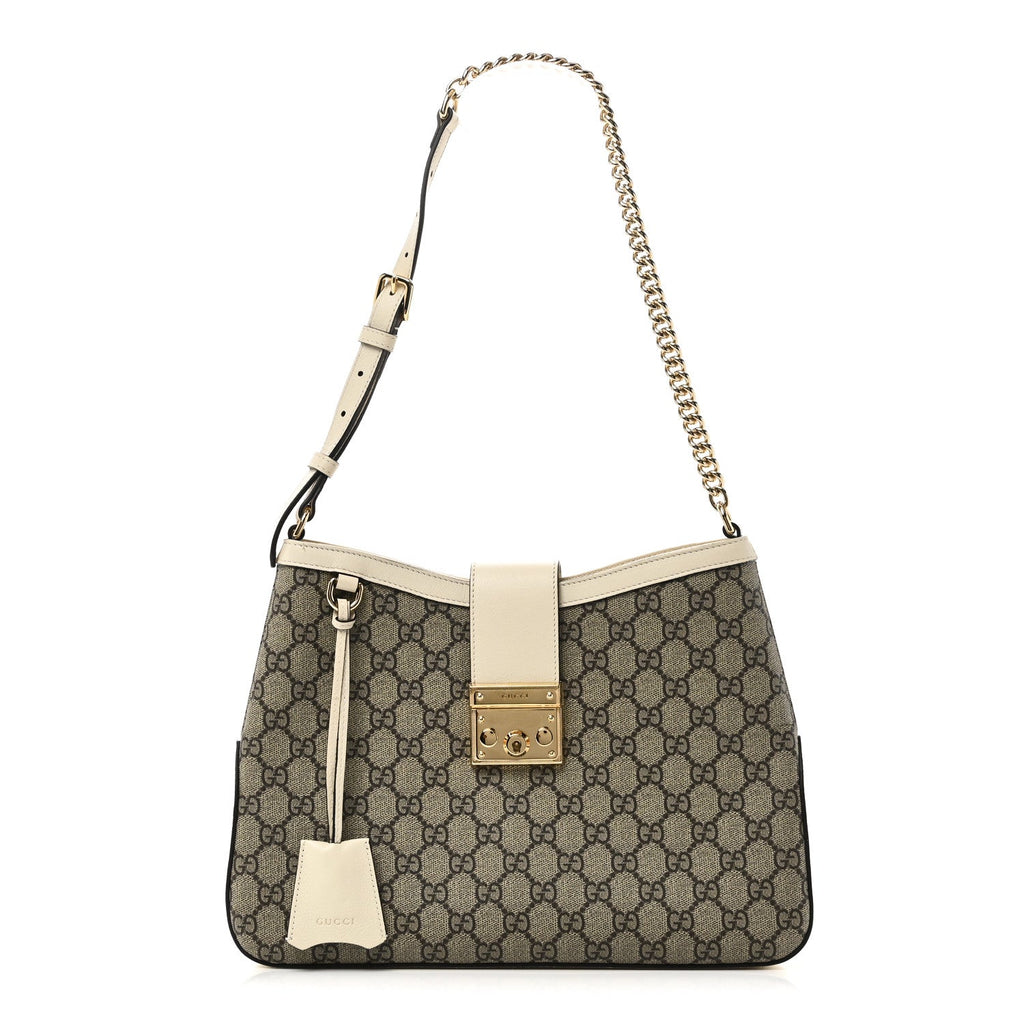 GG Supreme Monogram Moon Calfskin Medium Padlock Shoulder Bag Beige Ebony Mystic White