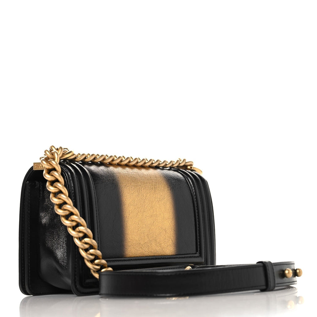 Metallic Glazed Calfskin Small Boy Flap Black Gold