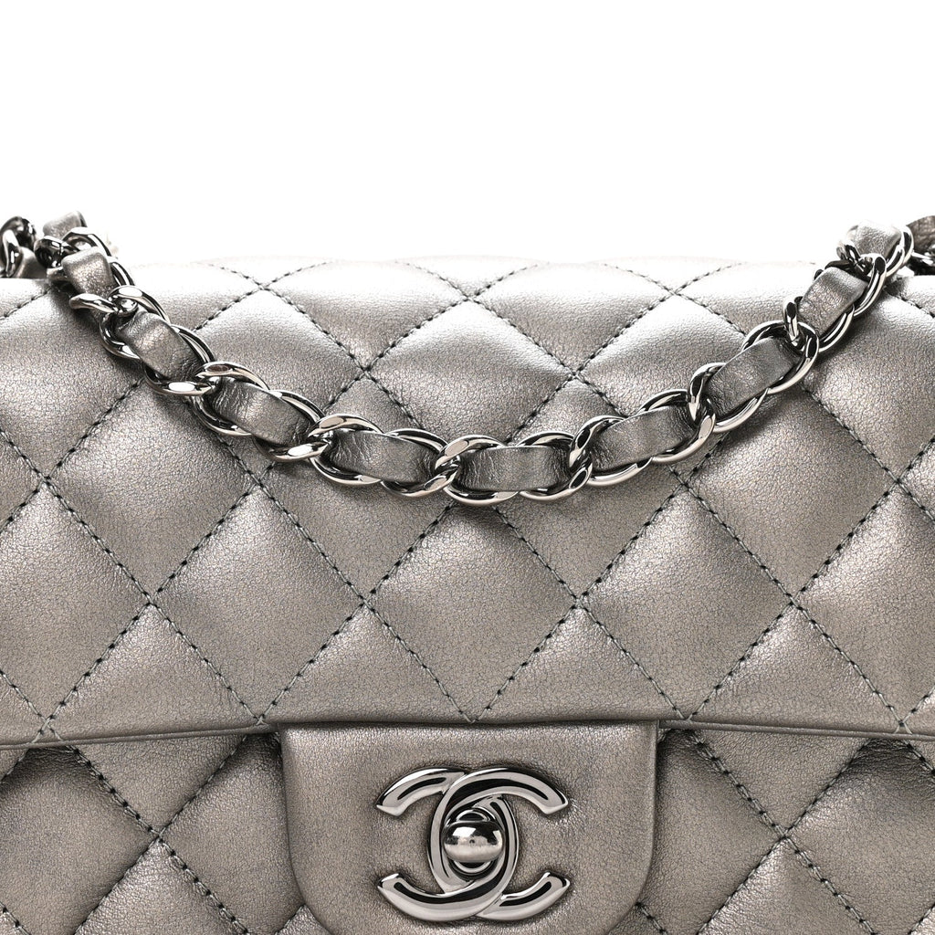 Metallic Lambskin Quilted Mini Rectangular Flap Silver
