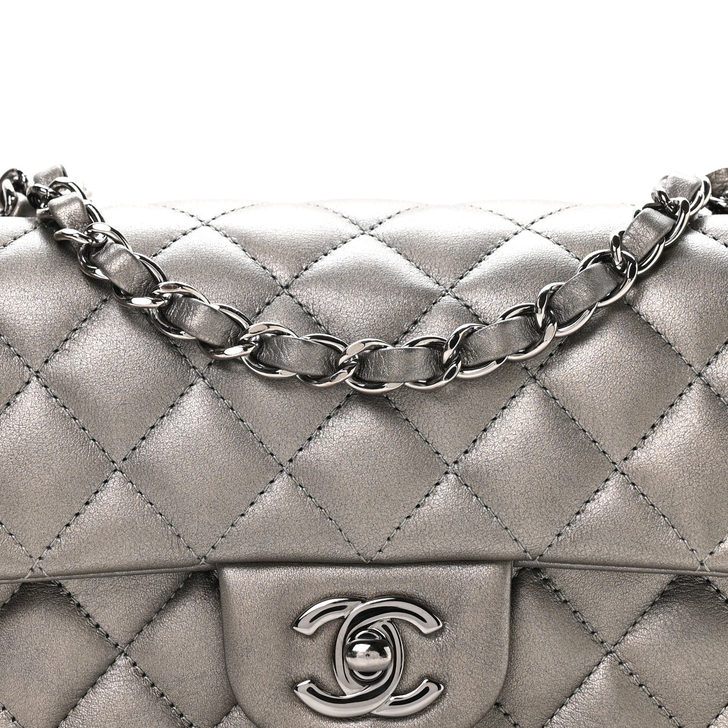 Metallic Lambskin Quilted Mini Rectangular Flap Silver