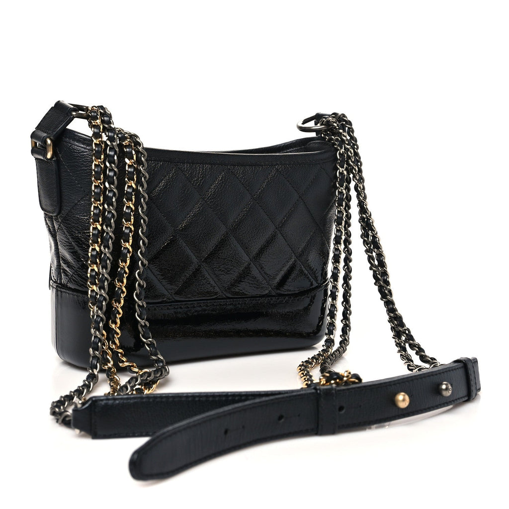 Patent Goatskin Quilted Small Gabrielle Hobo Black