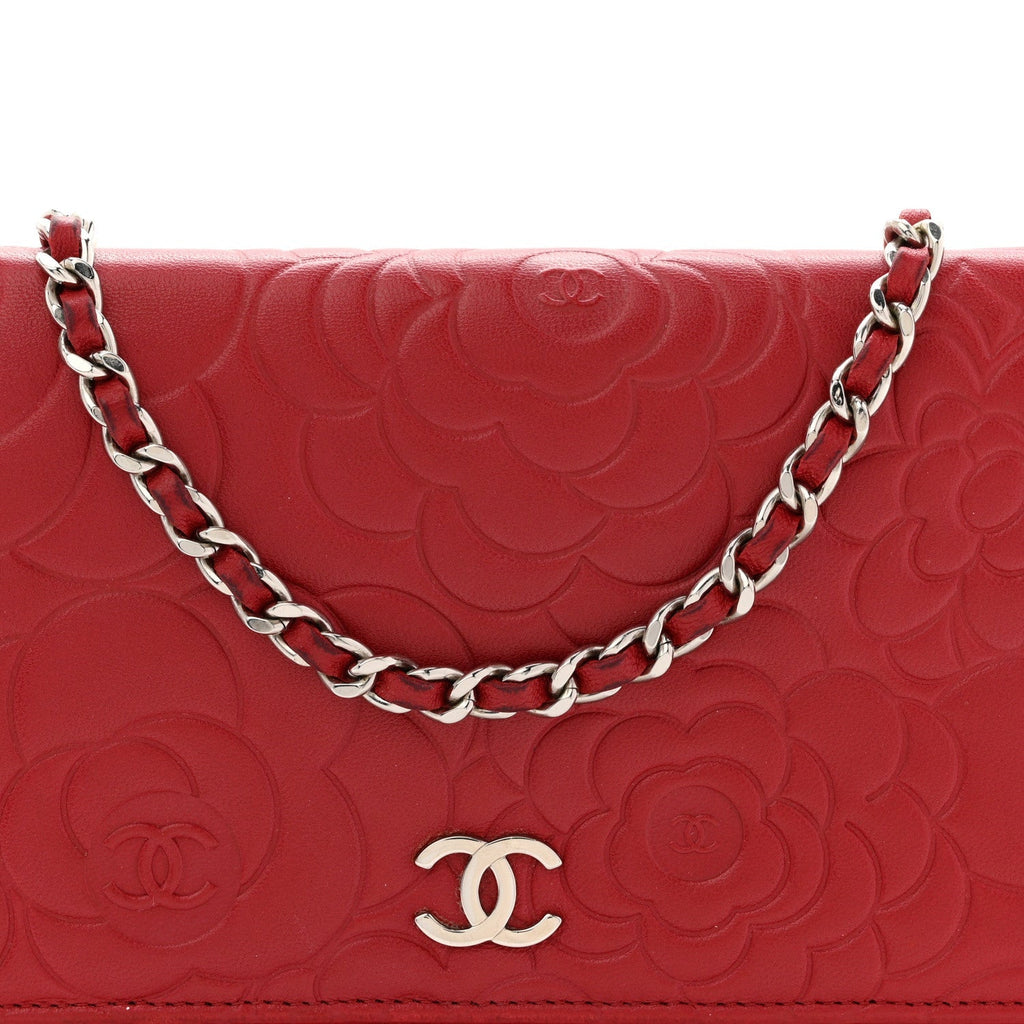 Lambskin Camellia Embossed Wallet On Chain WOC Red