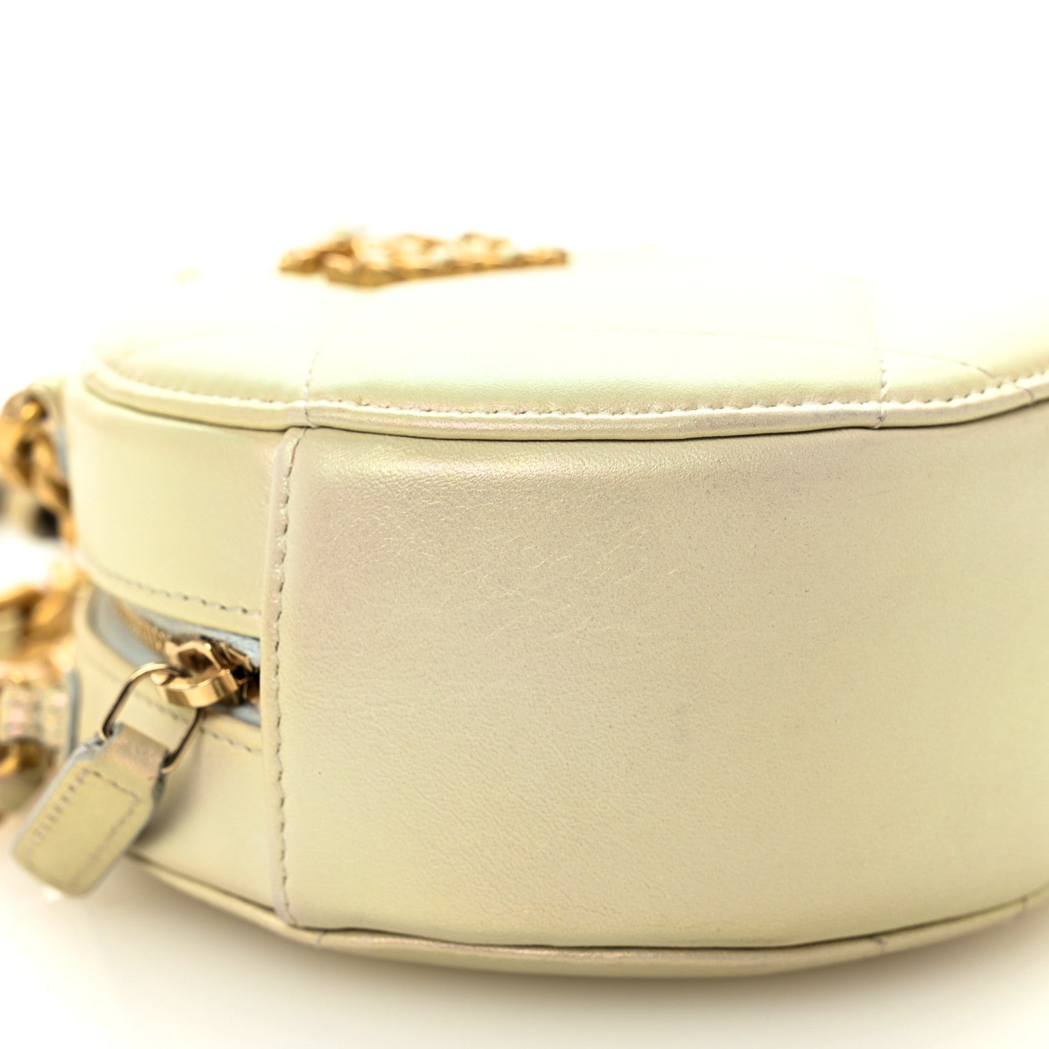 Iridescent Calfskin Quilted Chanel 19 Round Clutch With Chain White