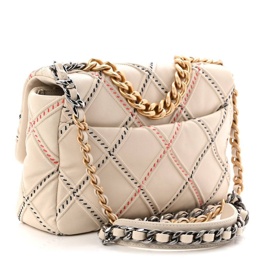 Lambskin Mixed Fibers Quilted Medium Chanel 19 Flap Beige