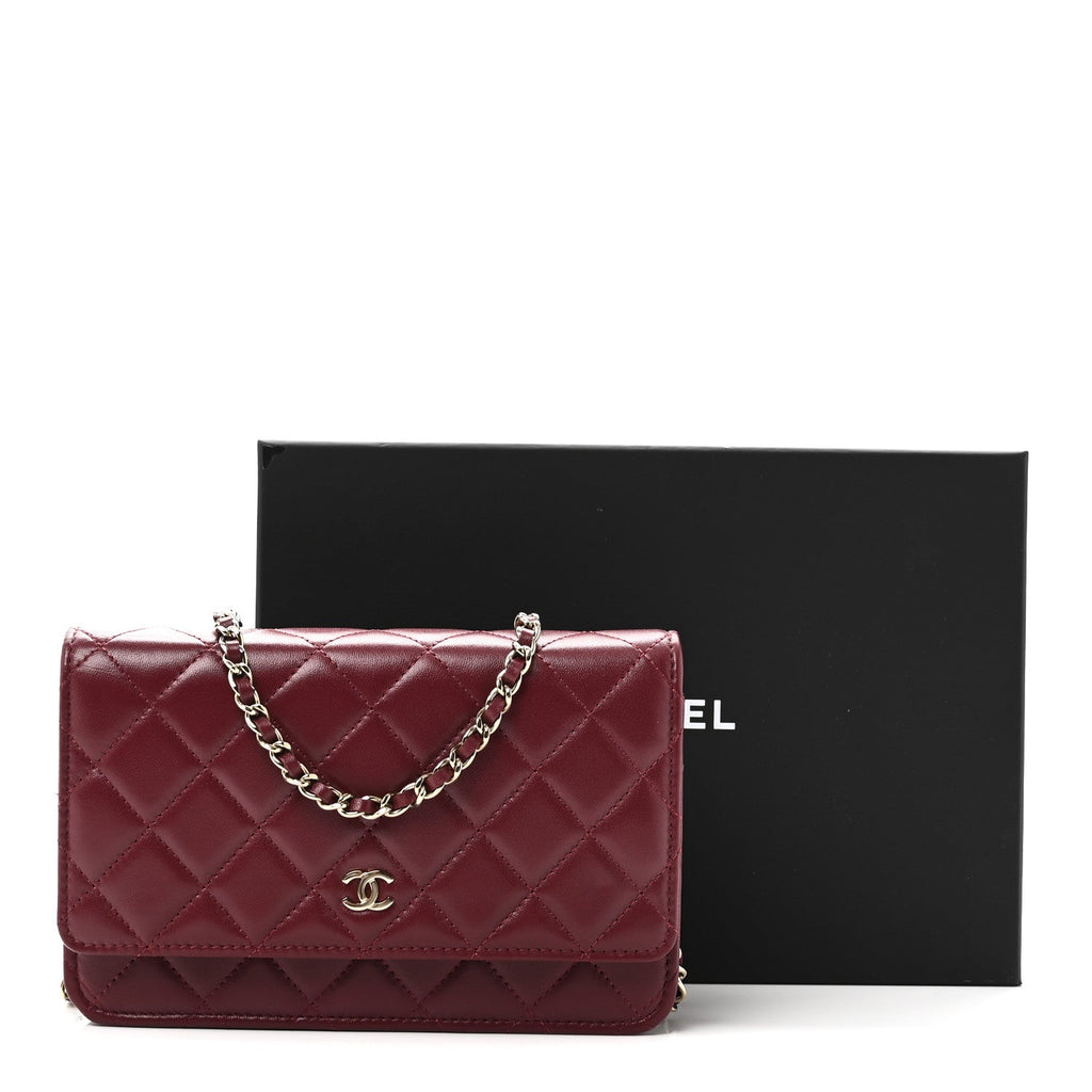 Lambskin Quilted Wallet On Chain WOC Burgundy
