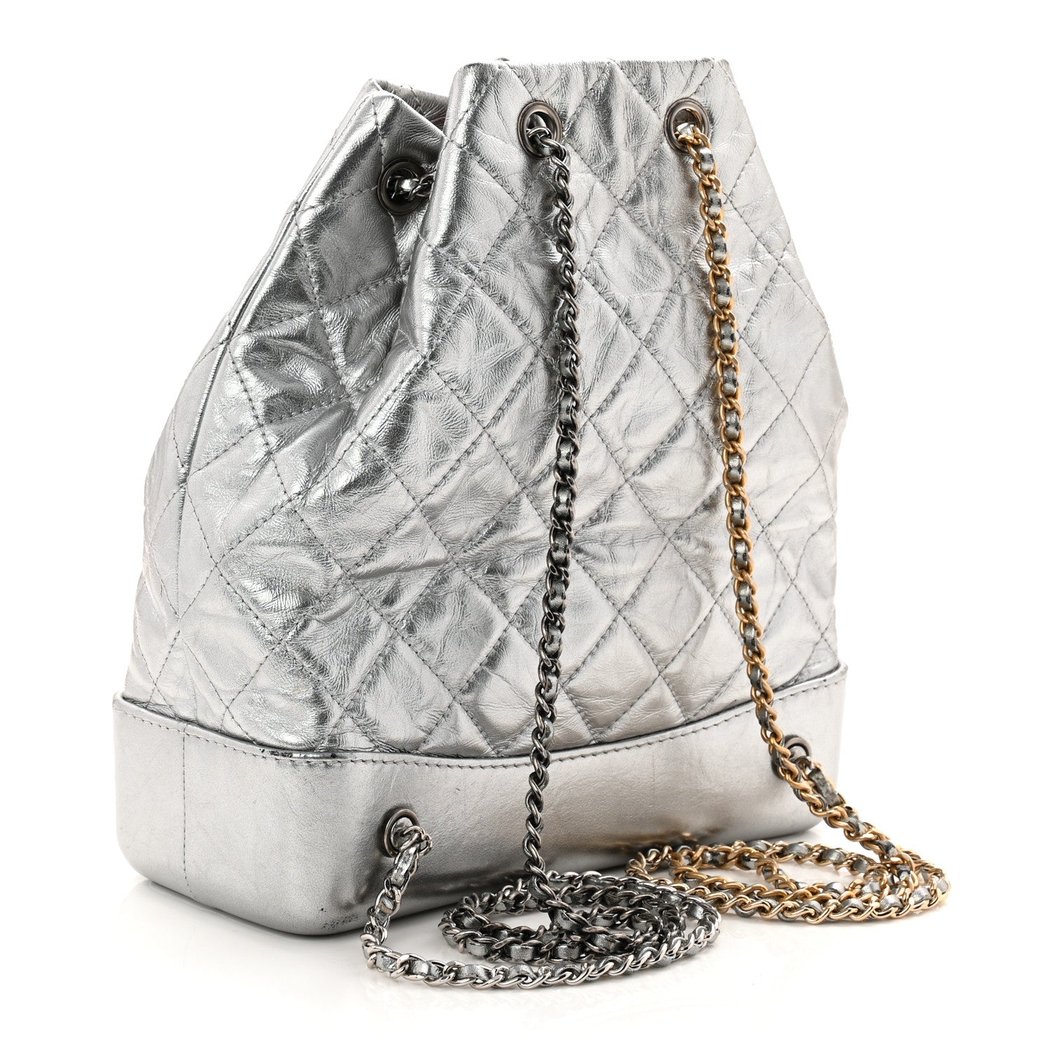Metallic Crumpled Calfskin Quilted Small Gabrielle Backpack Silver