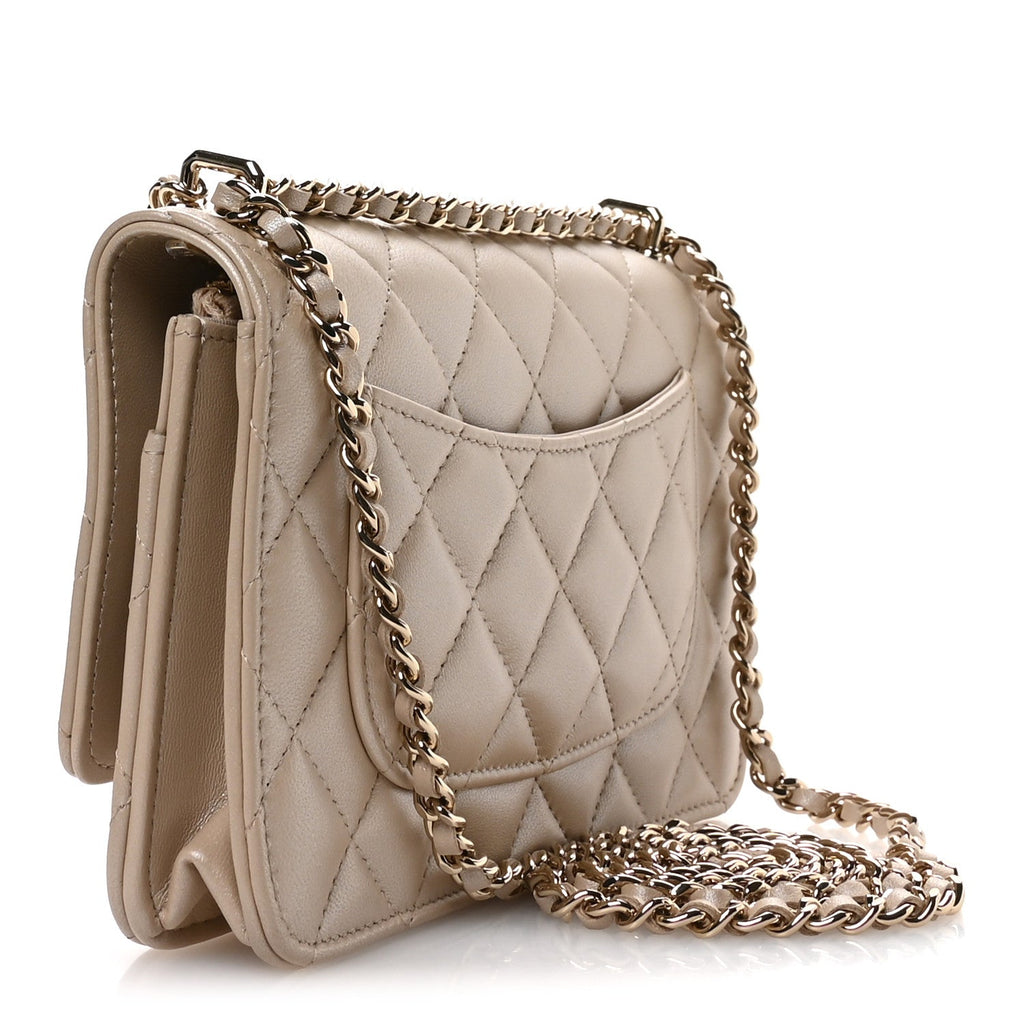 Pearly Lambskin Quilted Charms Wallet On Chain WOC Beige