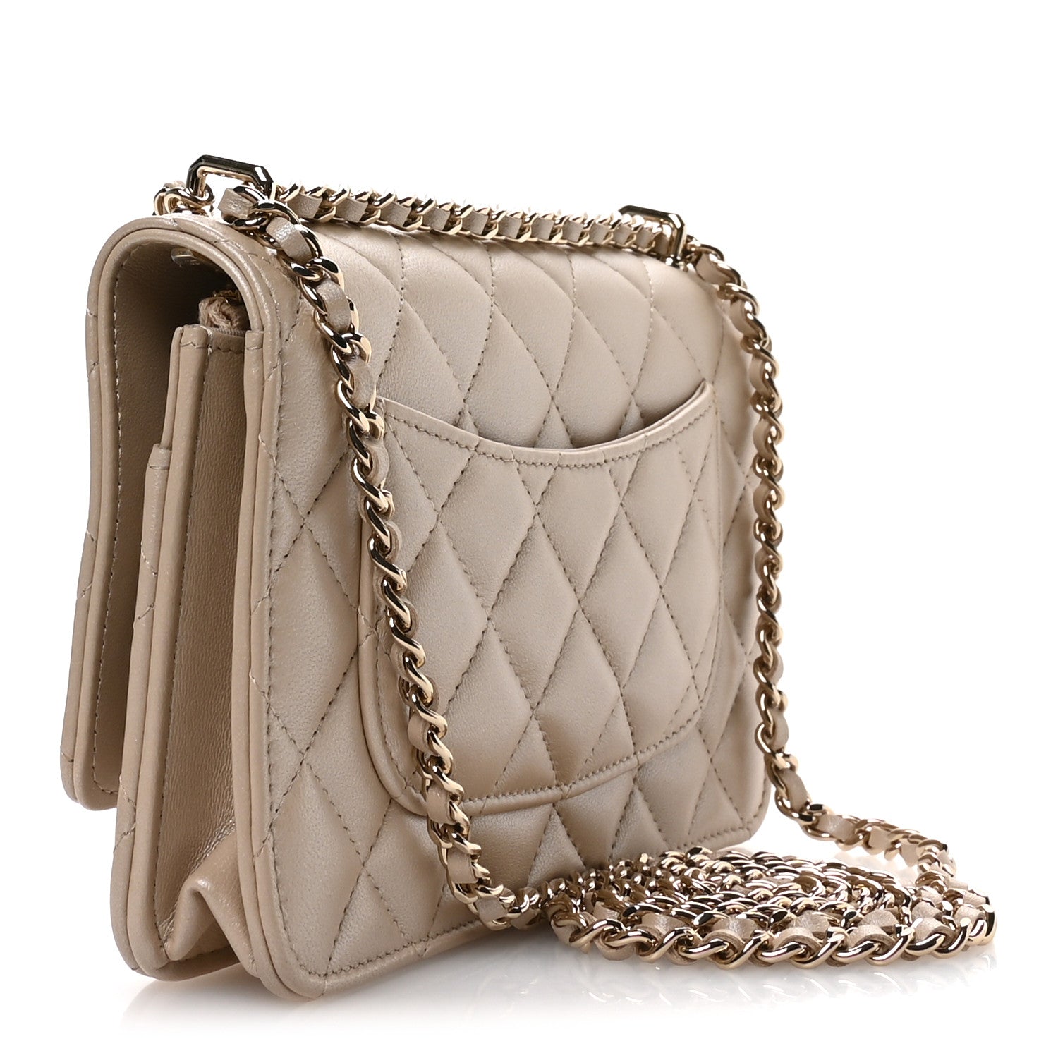 Pearly Lambskin Quilted Charms Wallet On Chain WOC Beige
