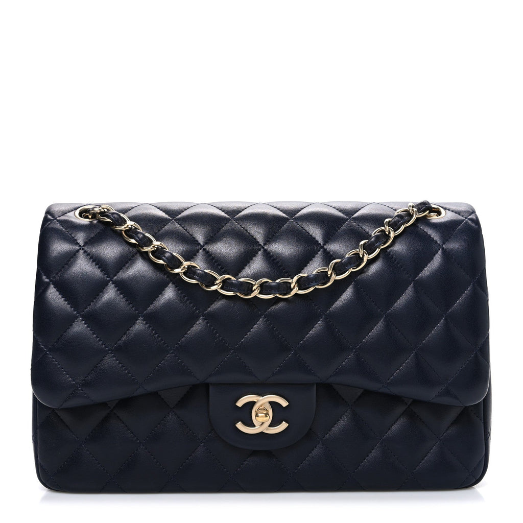 Lambskin Quilted Jumbo Double Flap Navy