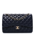 Lambskin Quilted Jumbo Double Flap Navy
