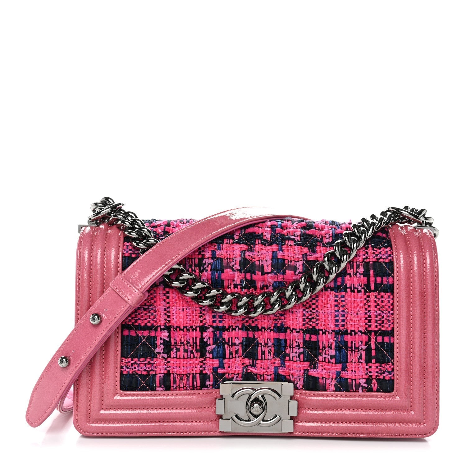 Patent Tweed Medium Boy Flap Fuchsia