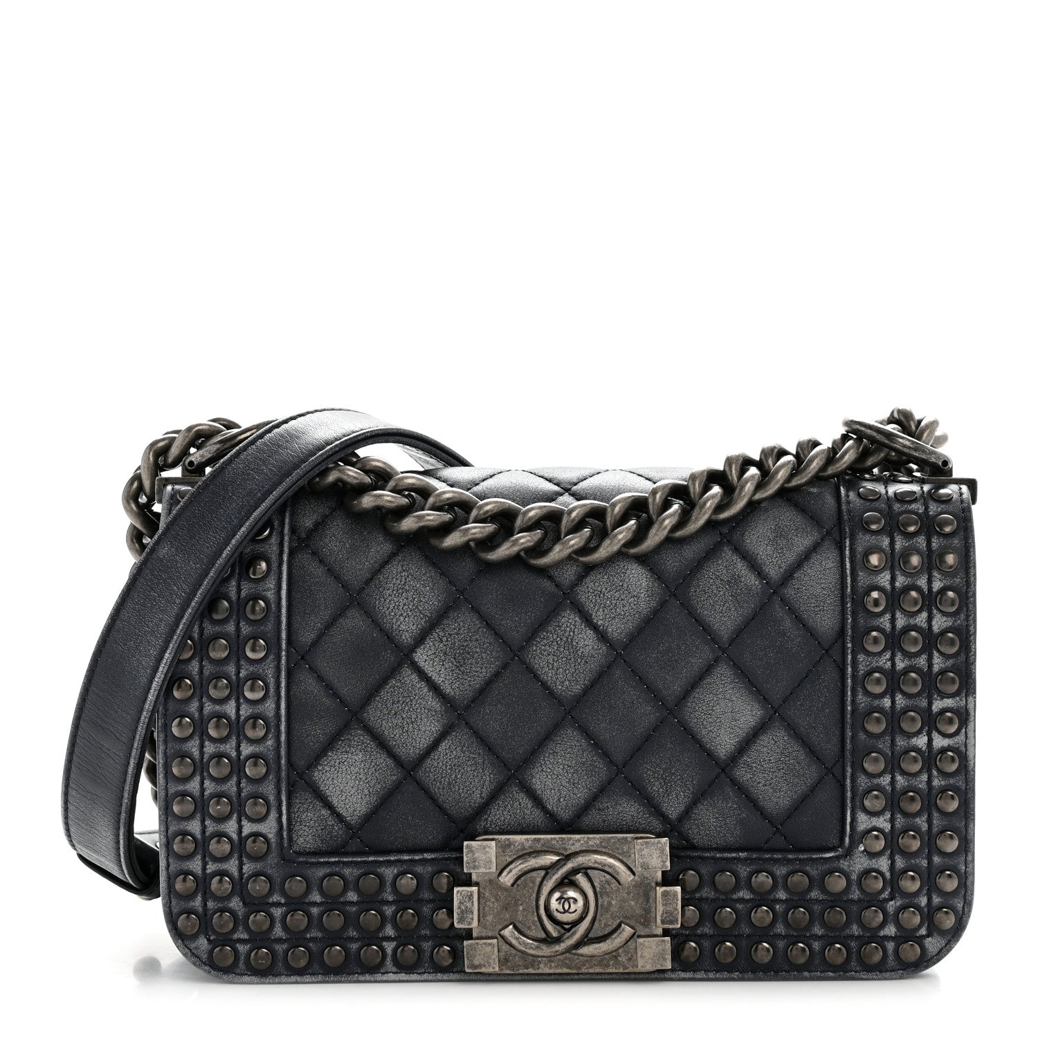 Faded Calfskin Quilted Small Studded Boy Flap Navy