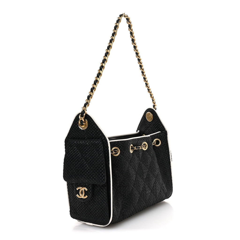 Braided Raffia Calfskin Quilted Mini Chanel 25 Handbag Black White
