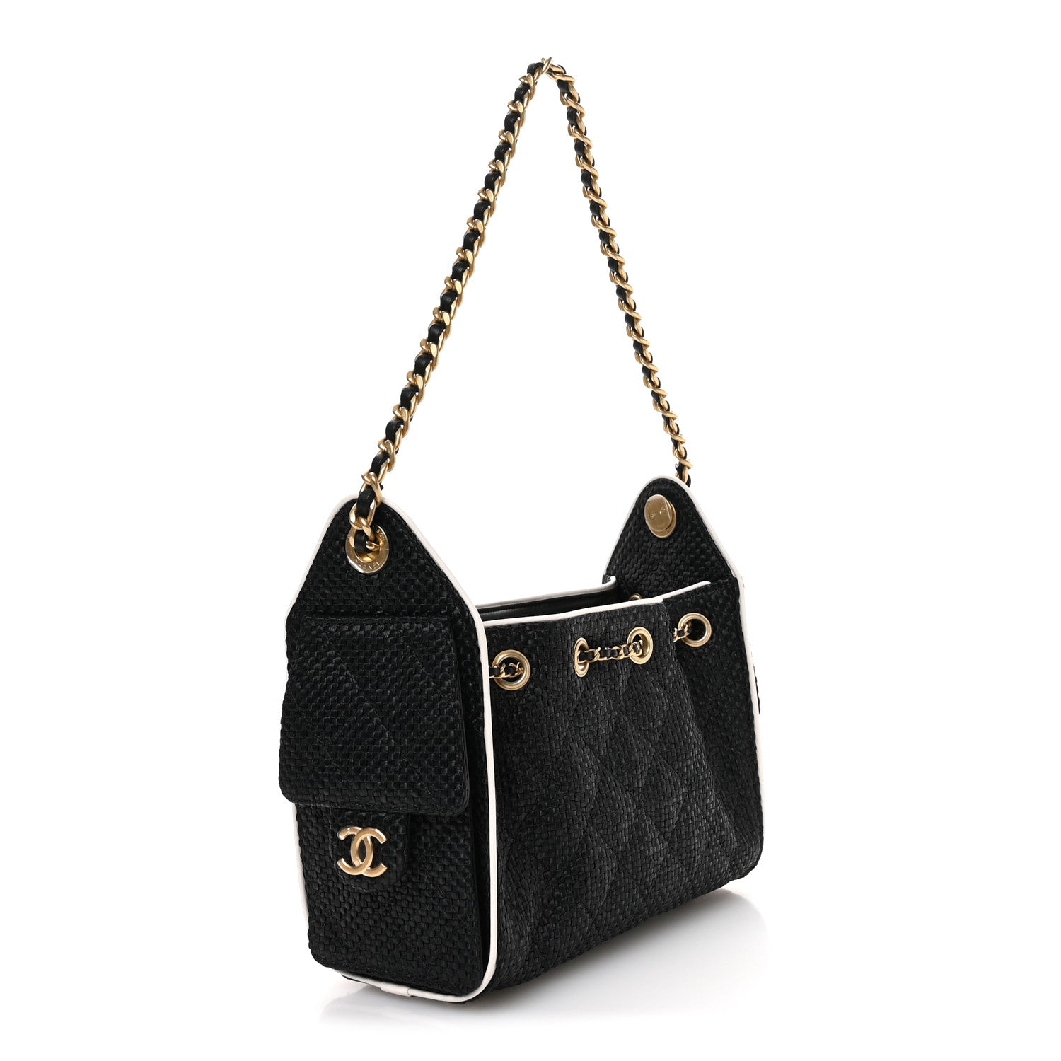 Braided Raffia Calfskin Quilted Mini Chanel 25 Handbag Black White