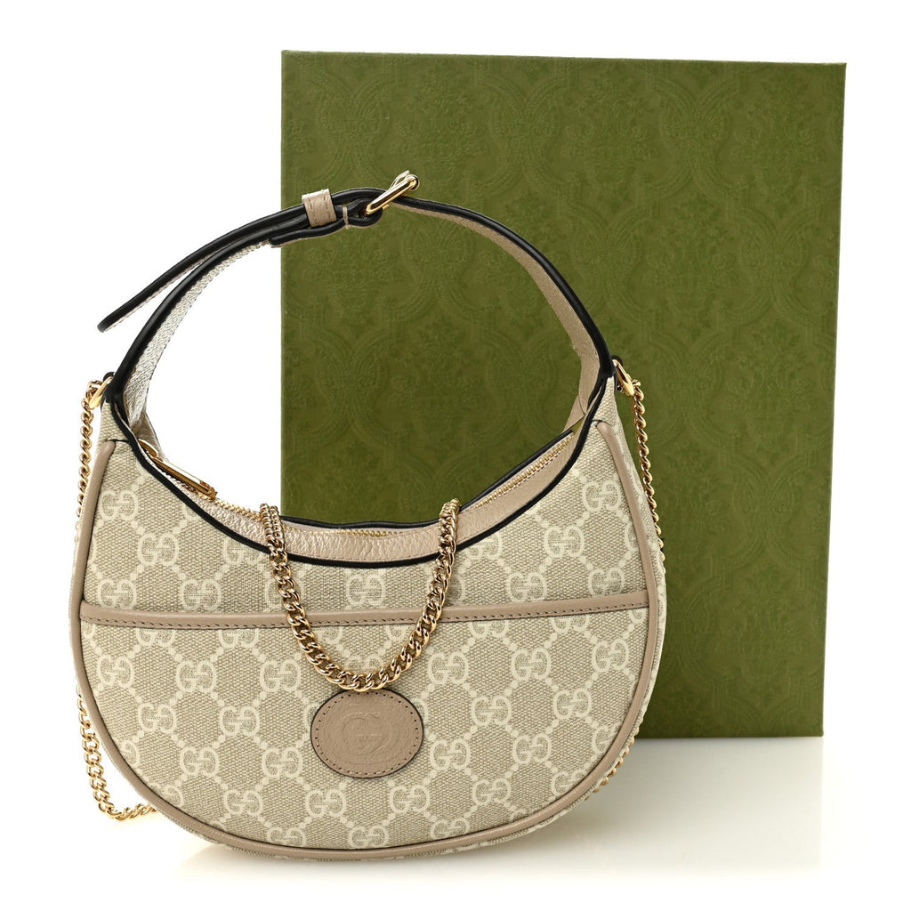 GG Supreme Monogram Textured Dollar Calfskin Mini Retro Interlocking G Half Moon Bag Beige Mystic White Oatmeal