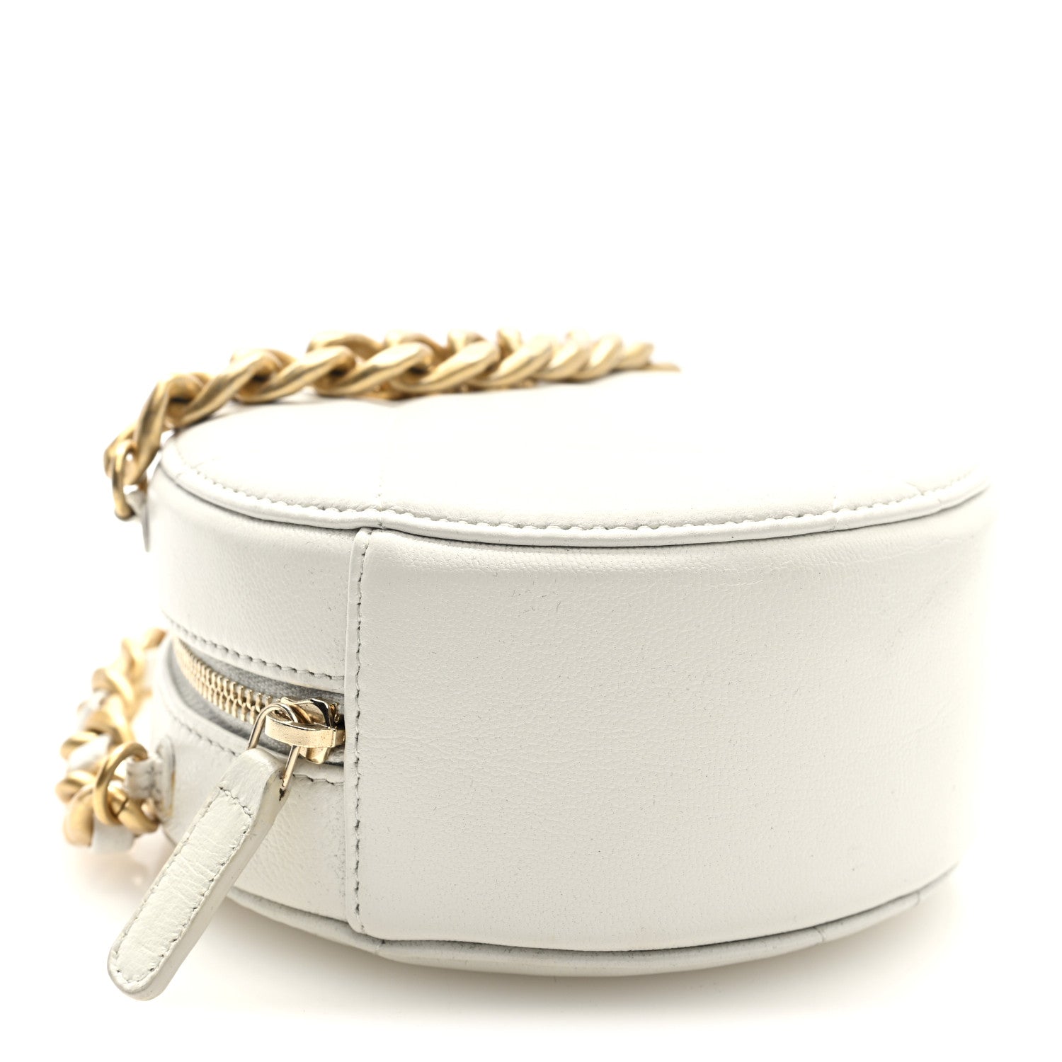 Shiny Goatskin Quilted Chanel 19 Round Clutch With Chain White