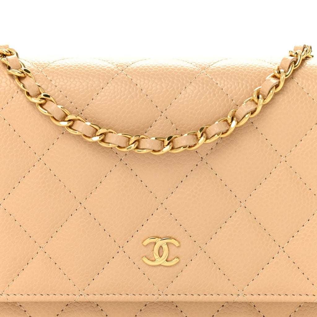 Caviar Quilted Wallet on Chain WOC Beige