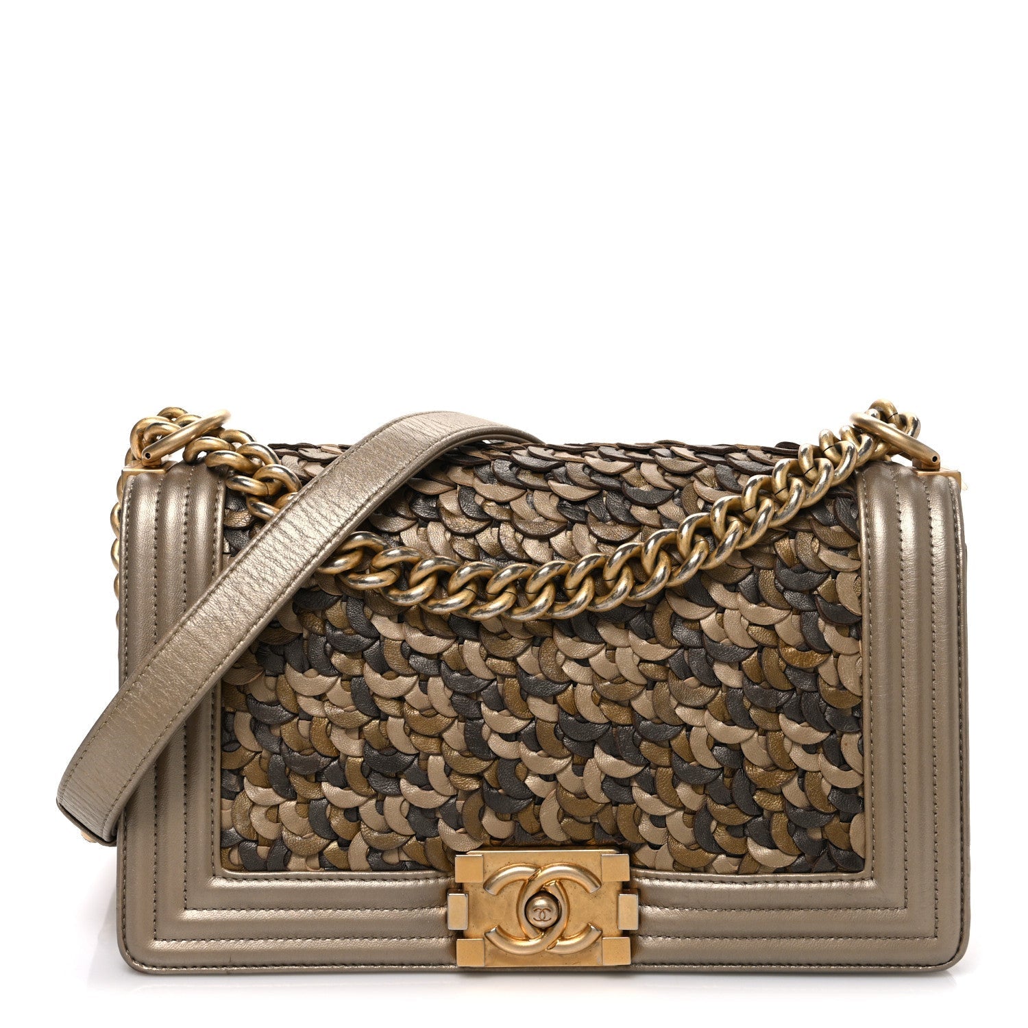Metallic Lambskin Medium Scaled Boy Flap Gold