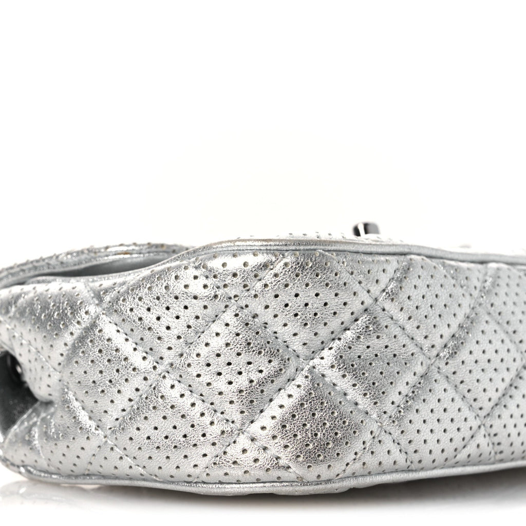 Metallic Lambskin Perforated Mini Rectangular Flap Silver