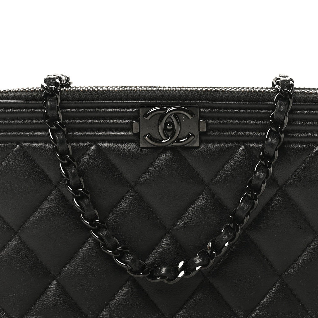 Lambskin Quilted Small Boy Clutch With Chain So Black