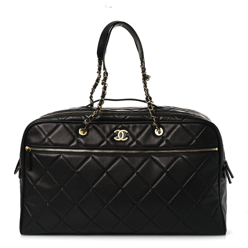 Shiny Grained Calfskin Quilted Large Travel Bowling Bag Black