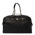 Shiny Grained Calfskin Quilted Large Travel Bowling Bag Black