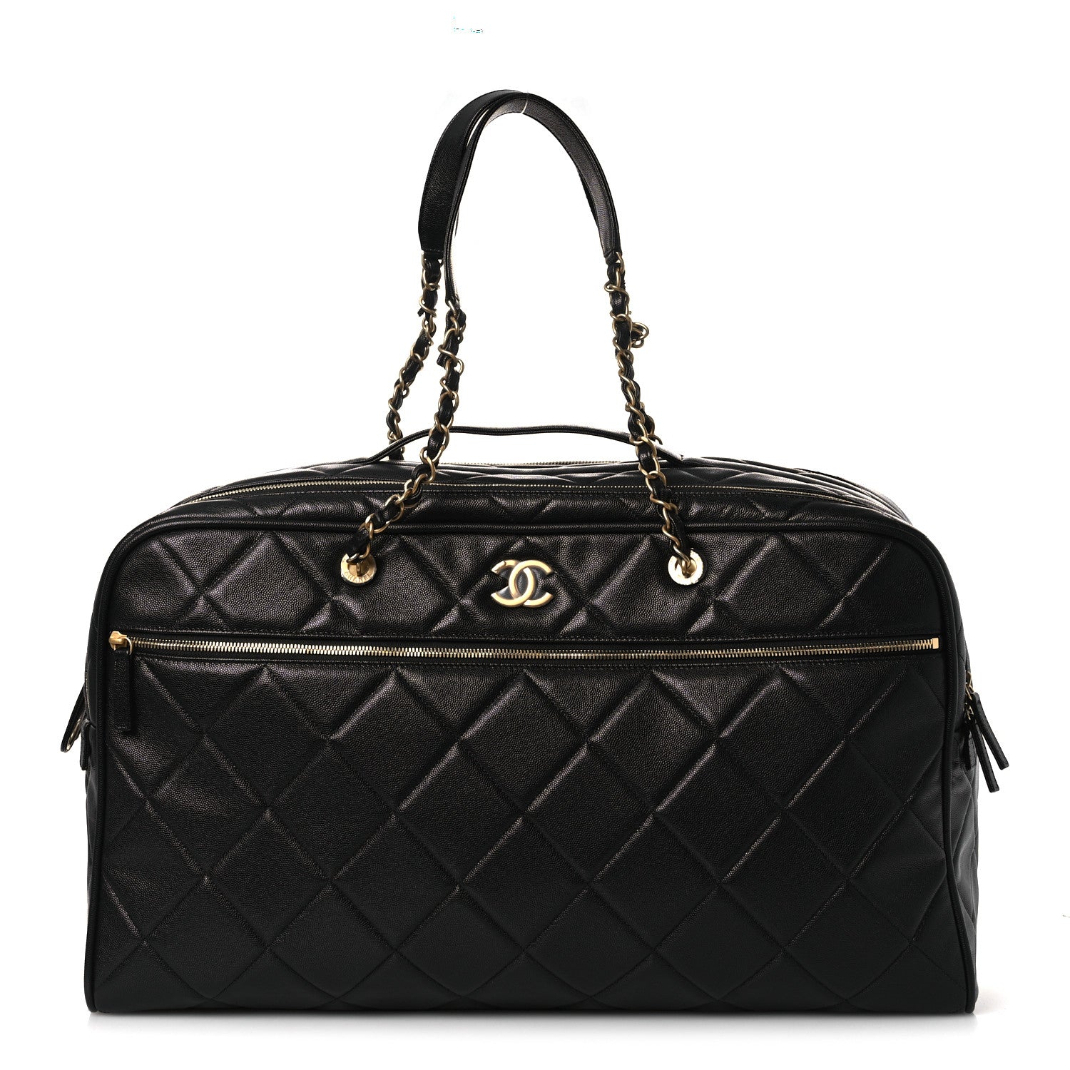 Shiny Grained Calfskin Quilted Large Travel Bowling Bag Black